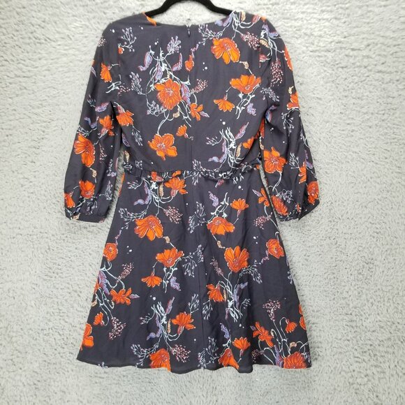 Madewell Dress Womens 0 Navy Blue Floral 100% Silk Ruffle Waist V Neck - Picture 12 of 15